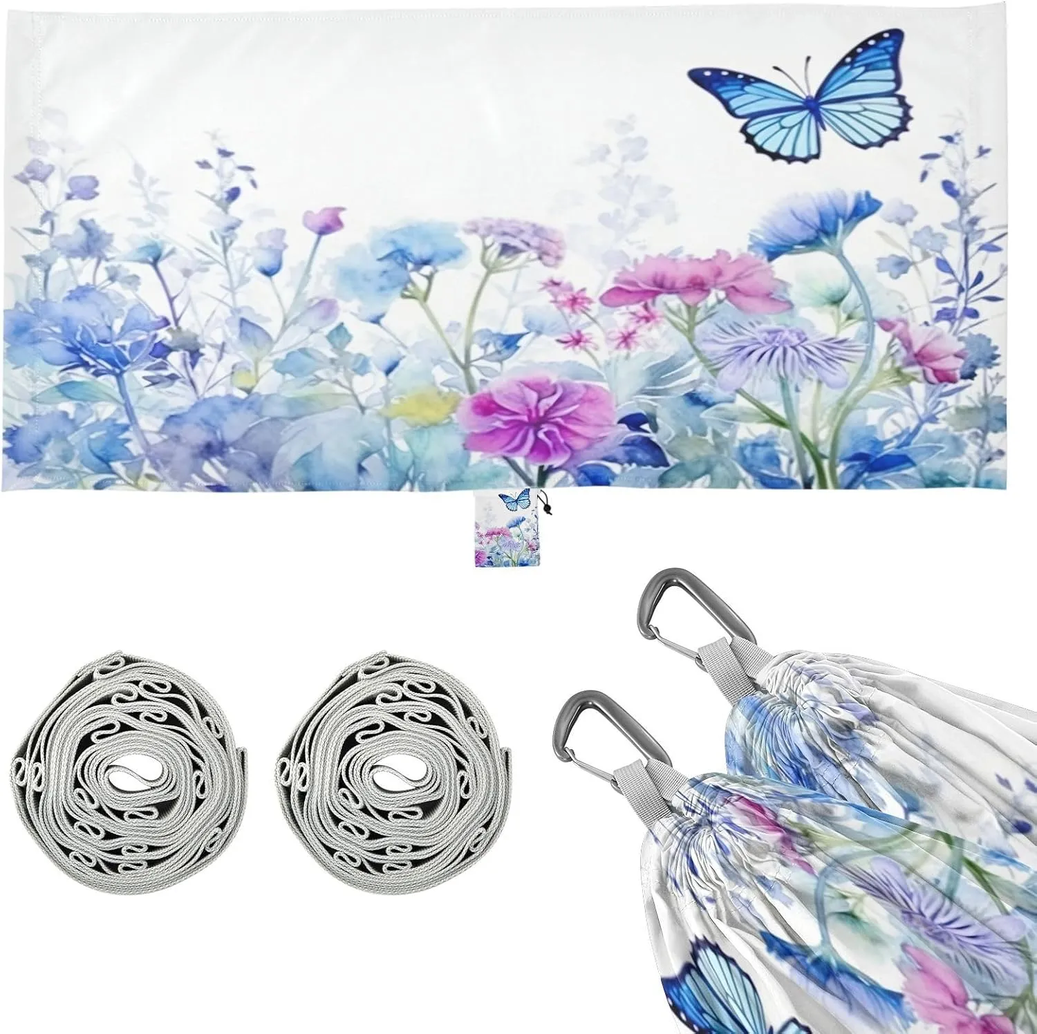 Watercolor Flowers Butterflies Camping Hammock, Single Portable Hammocks with Tree Straps & Attached Carry Bag, 330Lbs Capacity Perfect for Outside Indoor Hiking Beach Backpack Travel