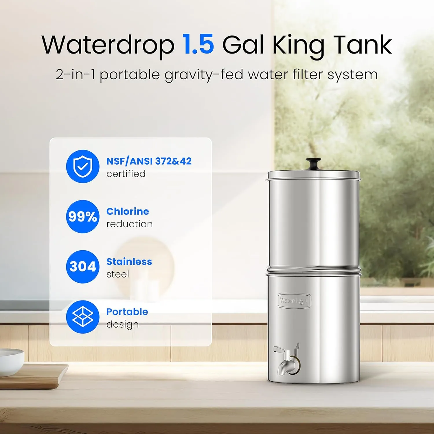 Waterdrop 1.5 Gallon Countertop Water Filtration System, NSF/ANSI 42&372 Certified Black Carbon Elements, Reduce Lead and Up to 99% Chlorine, for Home, Travel, Camping, Off-Grid
