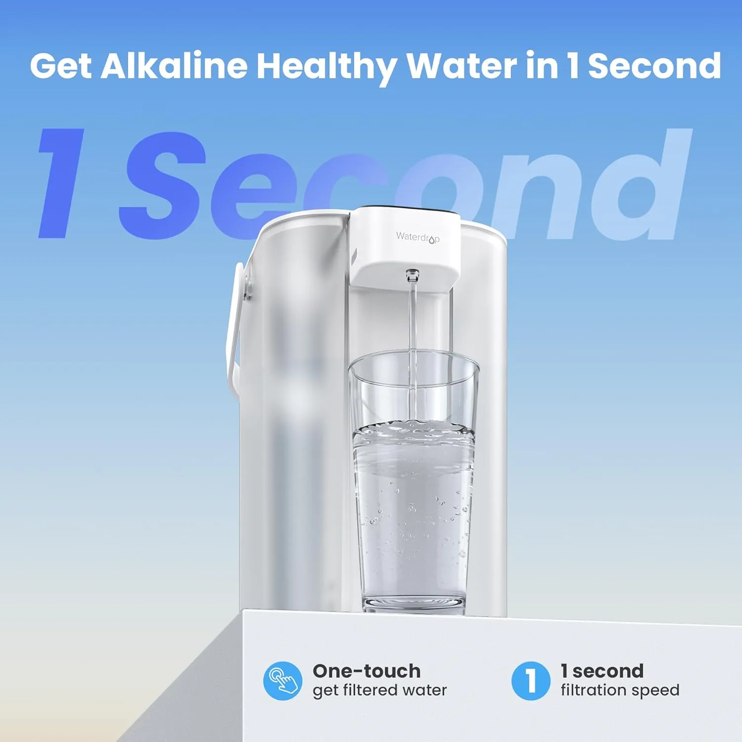Waterdrop Alkaline Electric Water Filter Pitcher, Rechargeable Water Dispenser, Instant 200-Gallon 15-Cup Countertop Purifier, NSF/ANSI 42, Reduce PFOA/PFOS, Chlorine, Lead, White, with 1 Filter