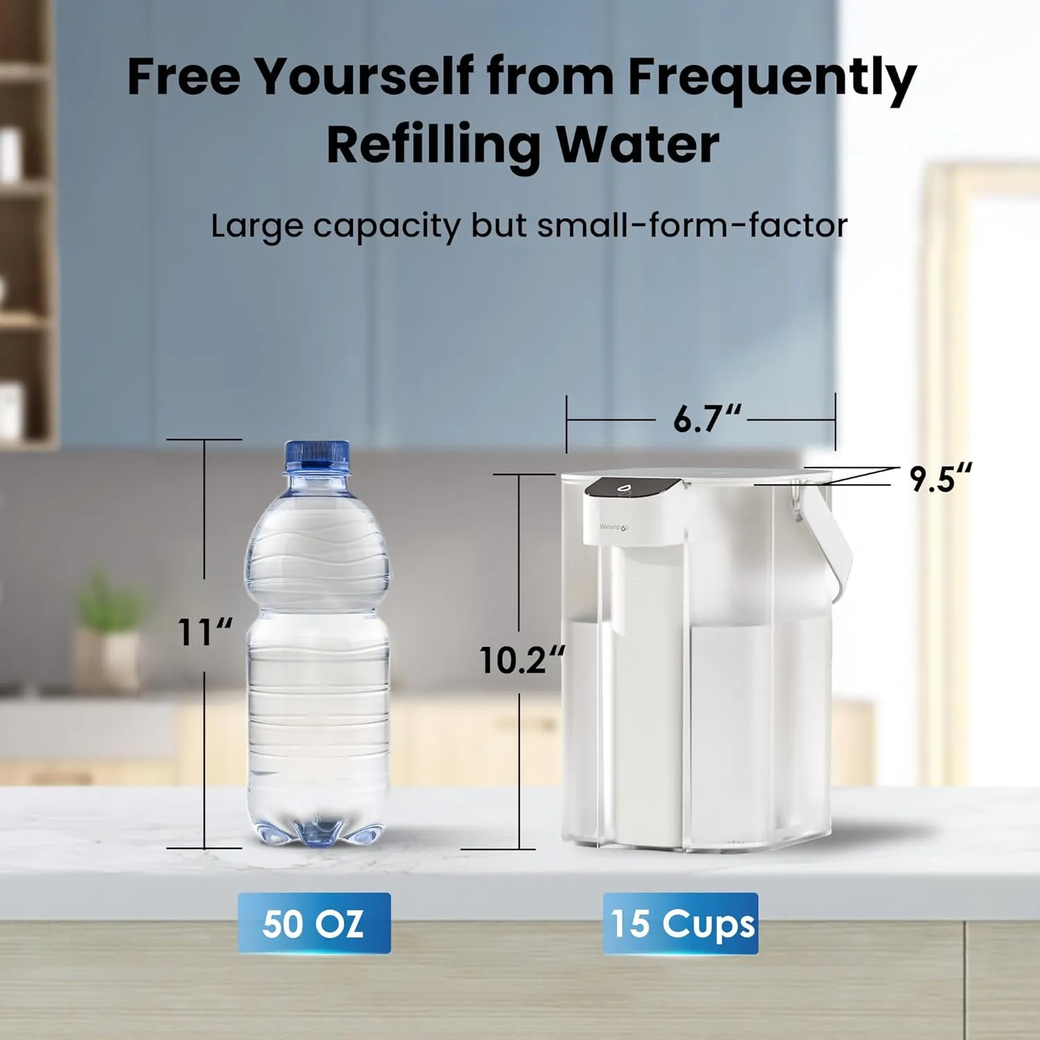 Waterdrop Alkaline Electric Water Filter Pitcher, Rechargeable Water Dispenser, Instant 200-Gallon 15-Cup Countertop Purifier, NSF/ANSI 42, Reduce PFOA/PFOS, Chlorine, Lead, White, with 1 Filter