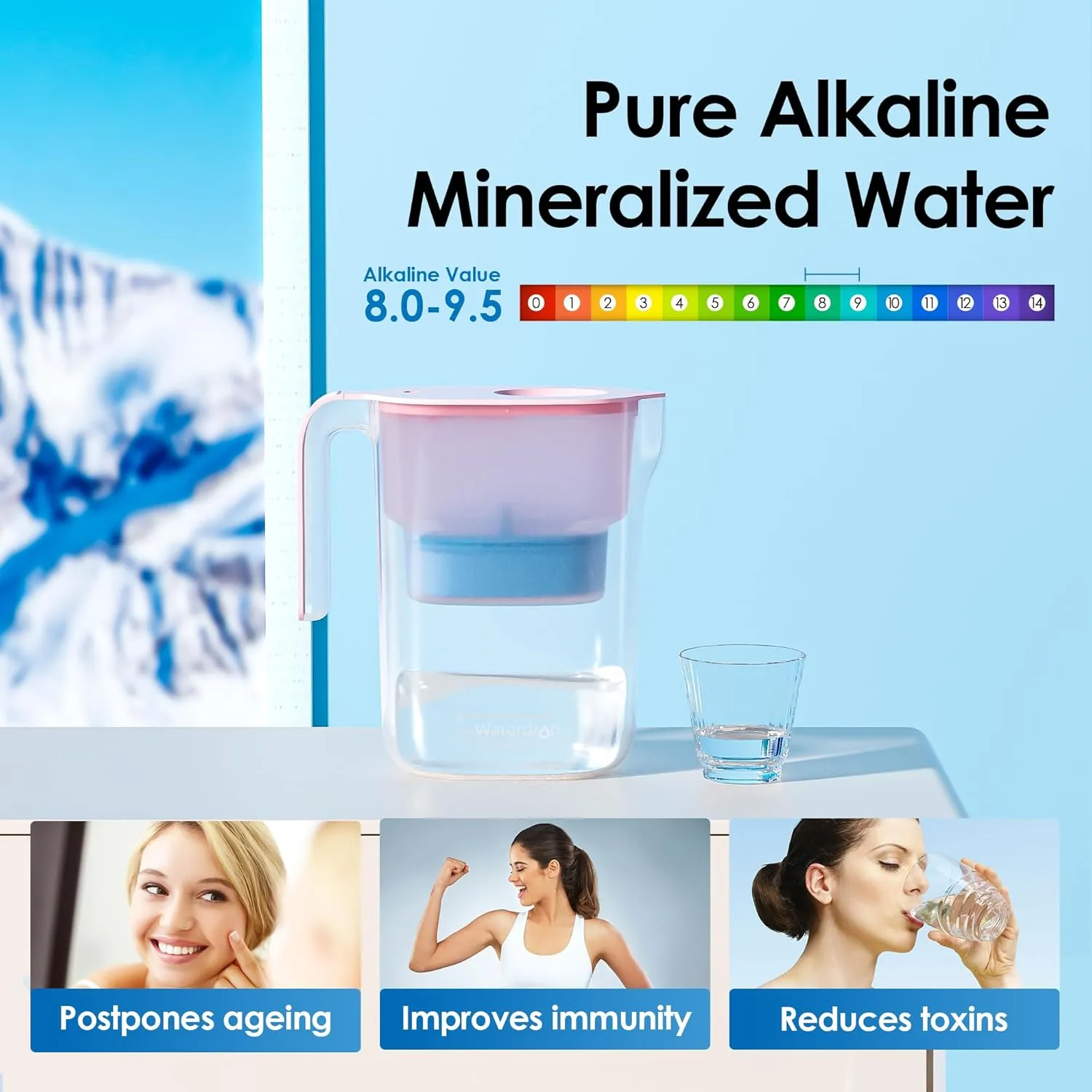 Waterdrop Alkaline Water Filter Pitcher with 1 Filter, Healthy, Clean & Toxin-Free Mineralized Alkaline Water (100 Gallons), Up to PH 9.5, BPA Free, 7-Cup, Pink