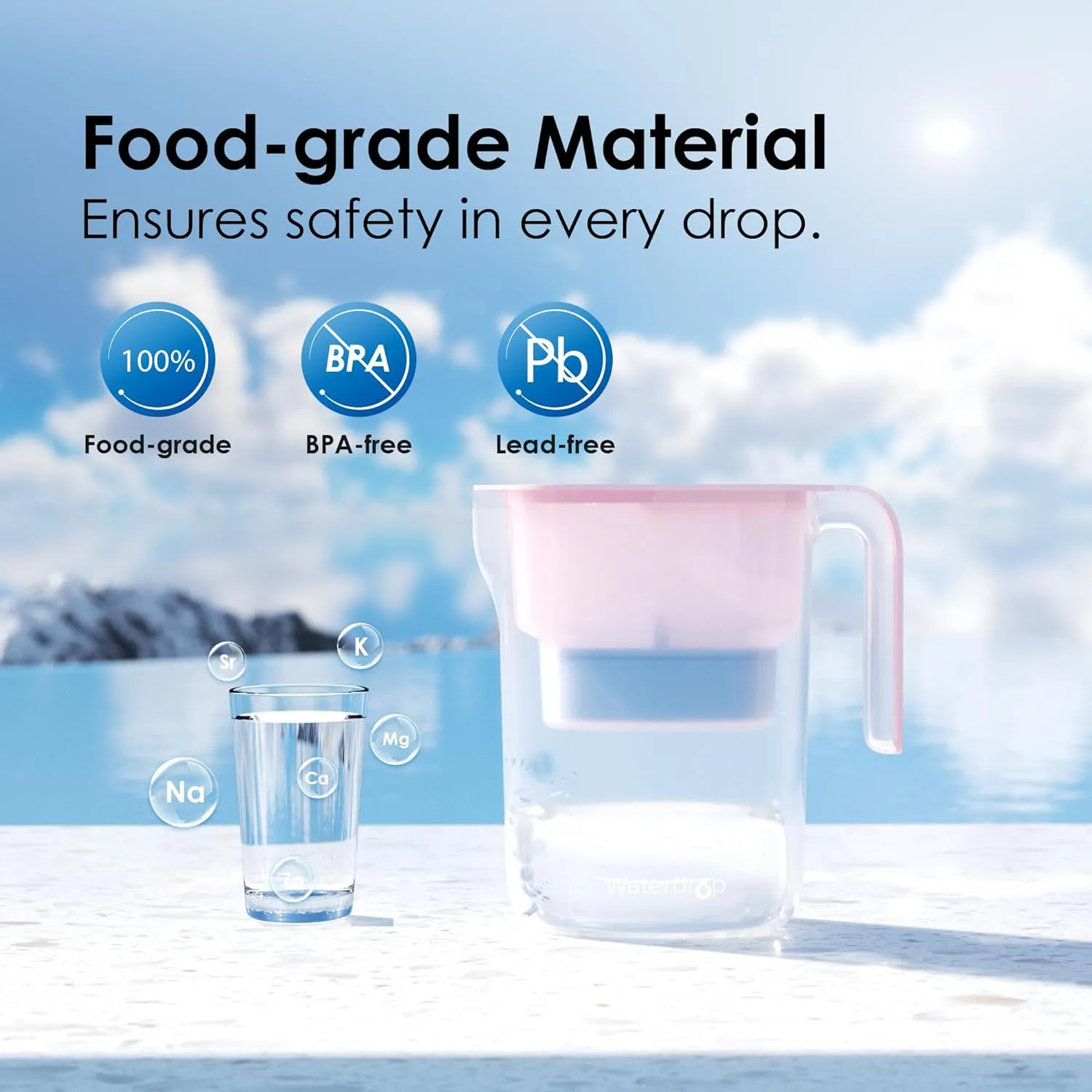 Waterdrop Alkaline Water Filter Pitcher with 1 Filter, Healthy, Clean & Toxin-Free Mineralized Alkaline Water (100 Gallons), Up to PH 9.5, BPA Free, 7-Cup, Pink