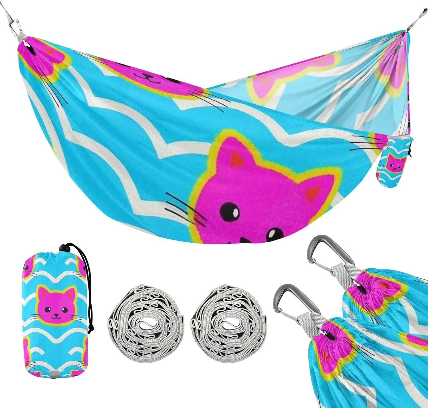 Wave Pattern Cartoon Cat Magenta 330lb Capacity Hammocks for Camping Portable Hammock for Outside Beach Patio Garden sillas para acampar