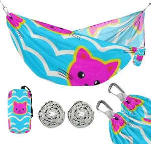 Wave Pattern Cartoon Cat Magenta 330lb Capacity Hammocks for Camping Portable Hammock for Outside Beach Patio Garden sillas para acampar