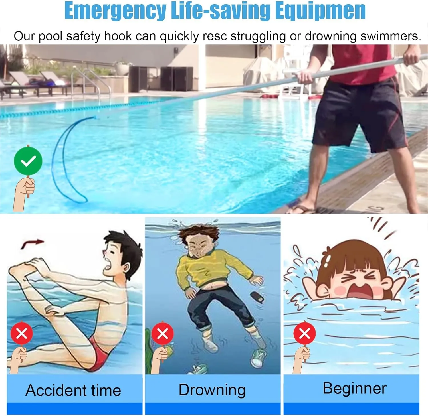 WDJBPSH Professional Lifeguard Hook for Pool Safety with Pole, Multi Use Multi Use Emergency Rescue Equipment for Drowning Swimmers, Lightweight and Portable(24.8 in~39.4in)
