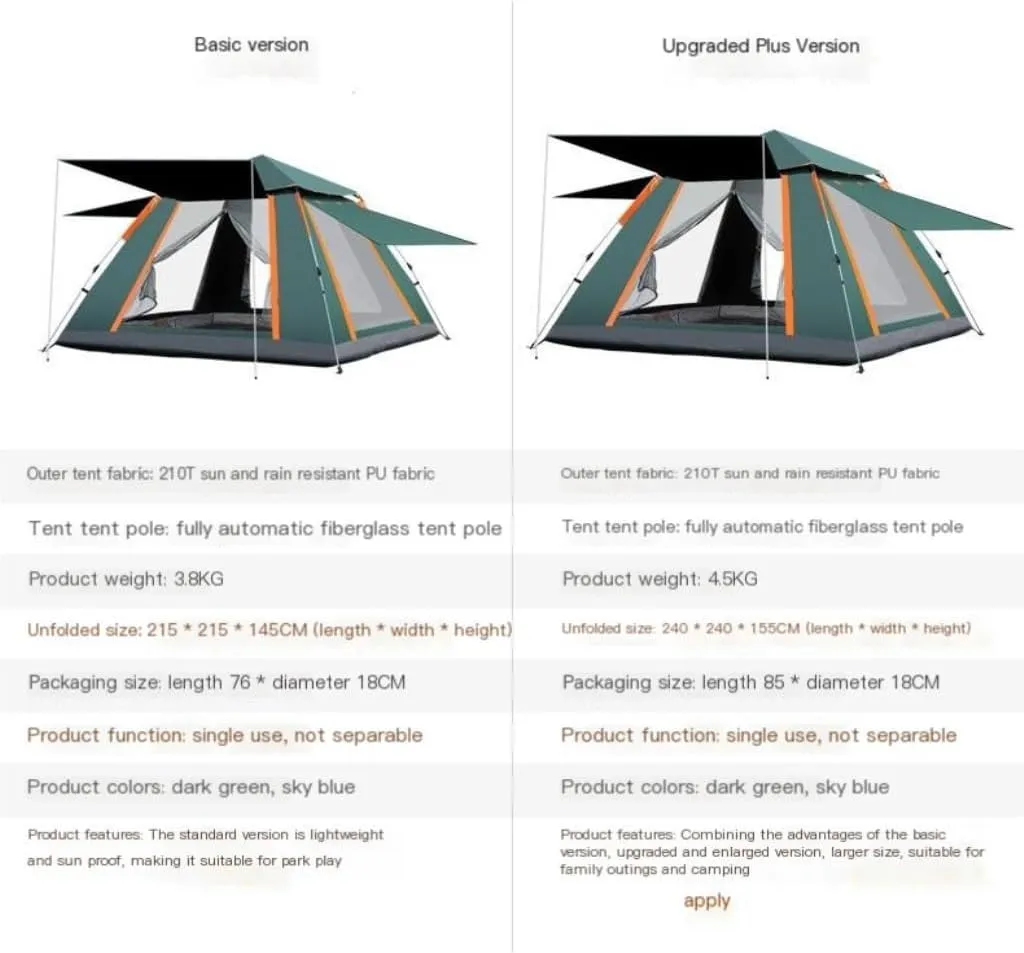 Weatherproof Tents Tent Outdoor Camping Folding Fully Automatic Tent Sun Protection Quick Opening Ventilated Tent Portable Tent Camping and Hiking Tents