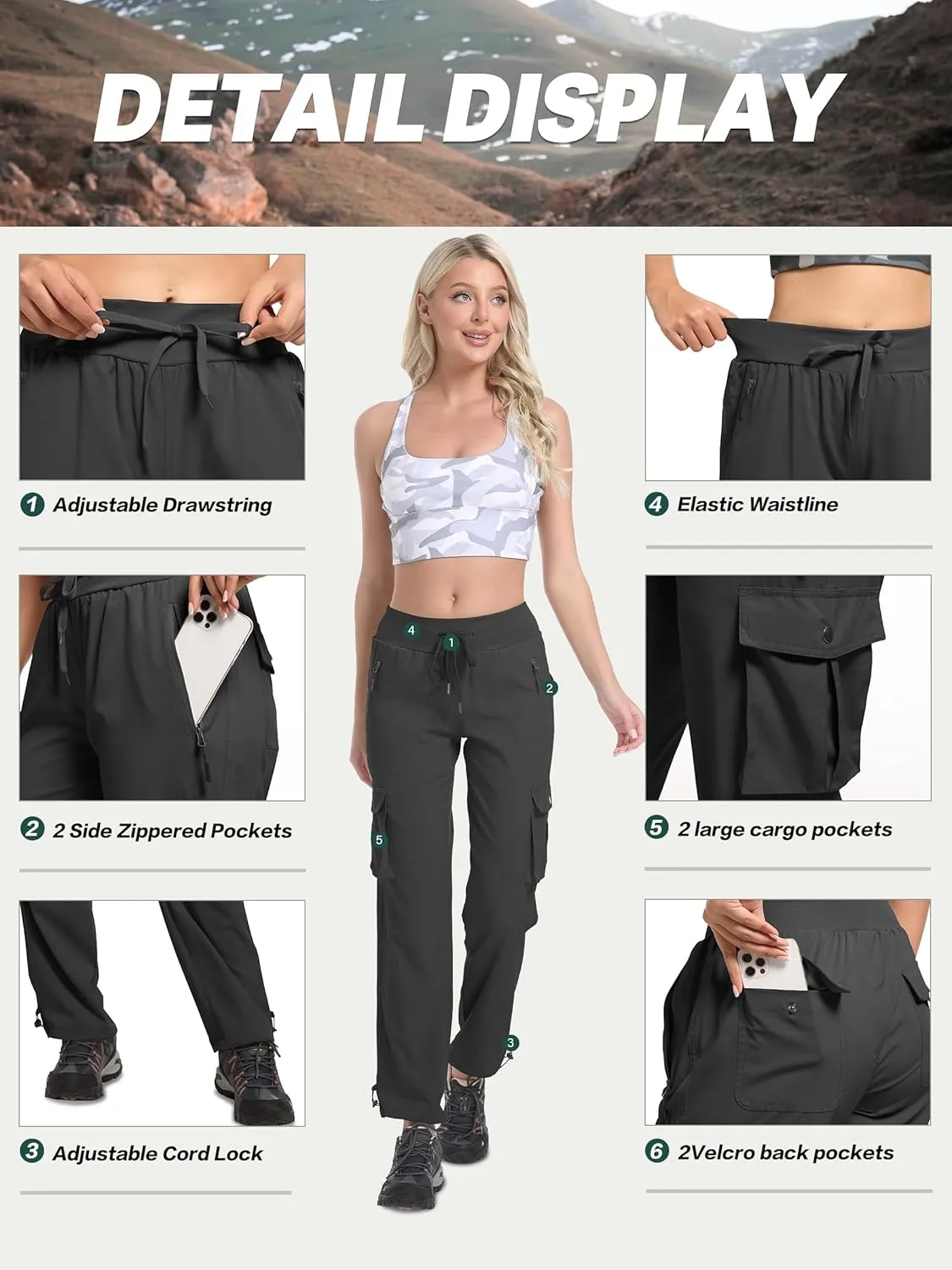 WENRONSTA Women's Cargo Pants Lightweight Water Resistant Quick Dry Hiking Pants Travel Outdoor Work Joggers with 6 Pockets