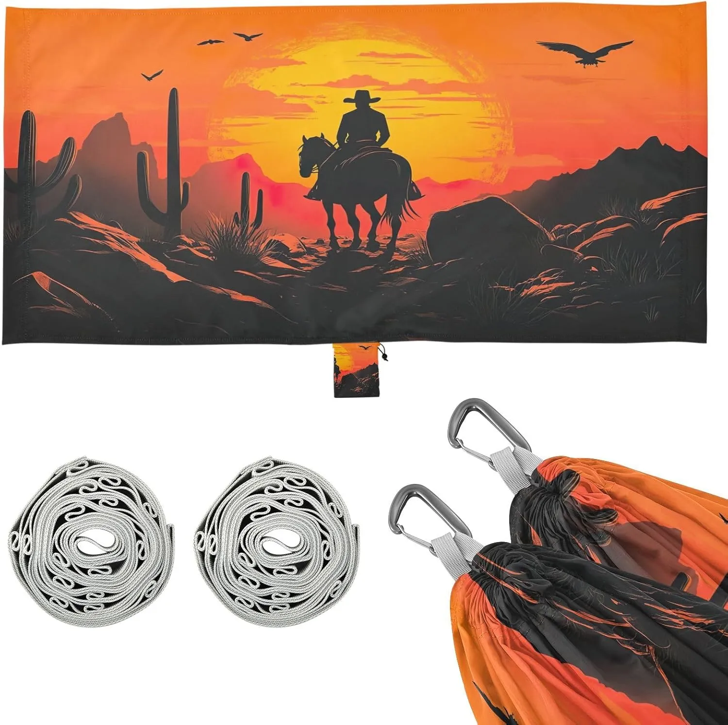 Western Desert Cowboy Camping Hammock, Single Portable Hammocks with Tree Straps & Attached Carry Bag, 330Lbs Capacity Perfect for Outside Indoor Hiking Beach Backpack Travel