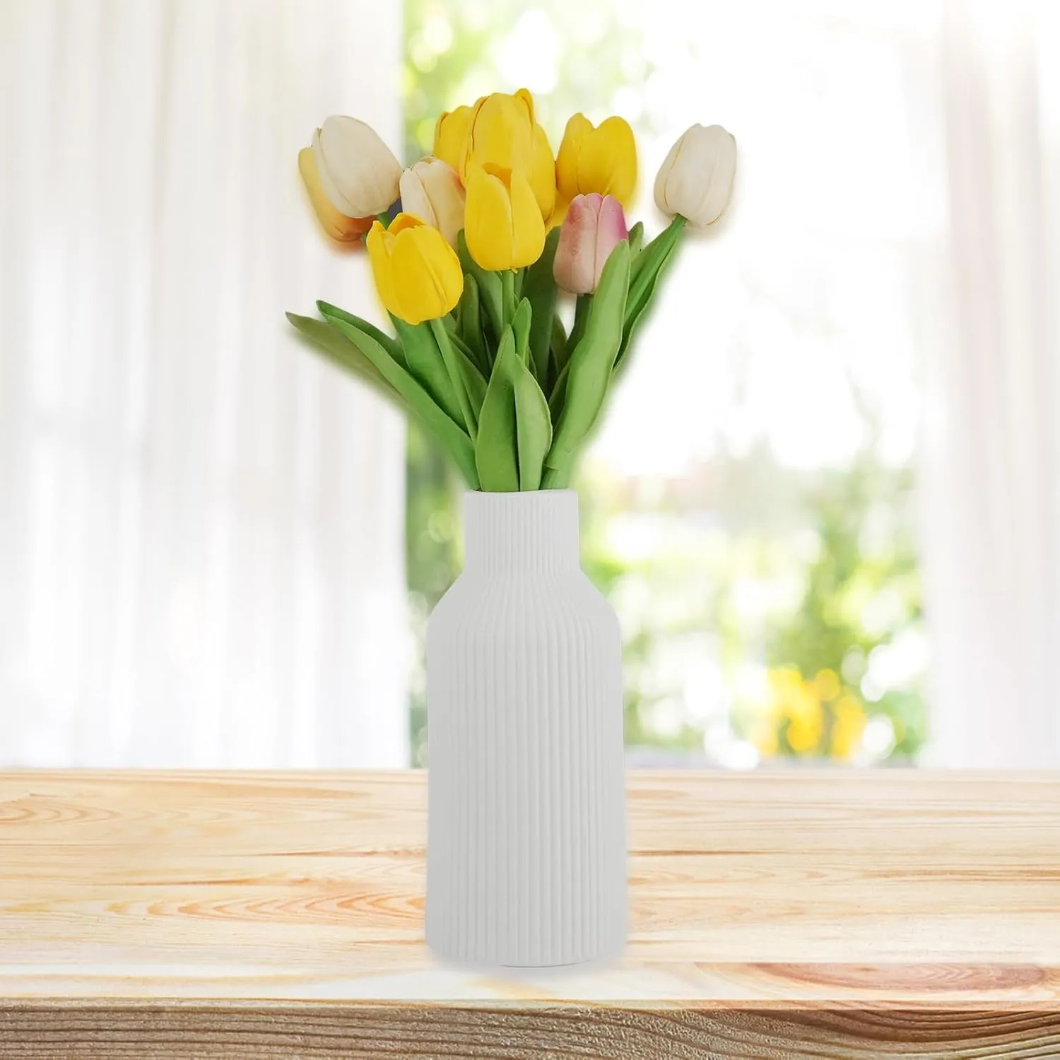 White Ceramic Vase, IEMIEBSHA Simple Modern Minimalist Home Decor, Ribbed Textured Flower Vase for Farmhouse, Coffee Table, Living Room, Bathroom, Office, Wedding, Entryway