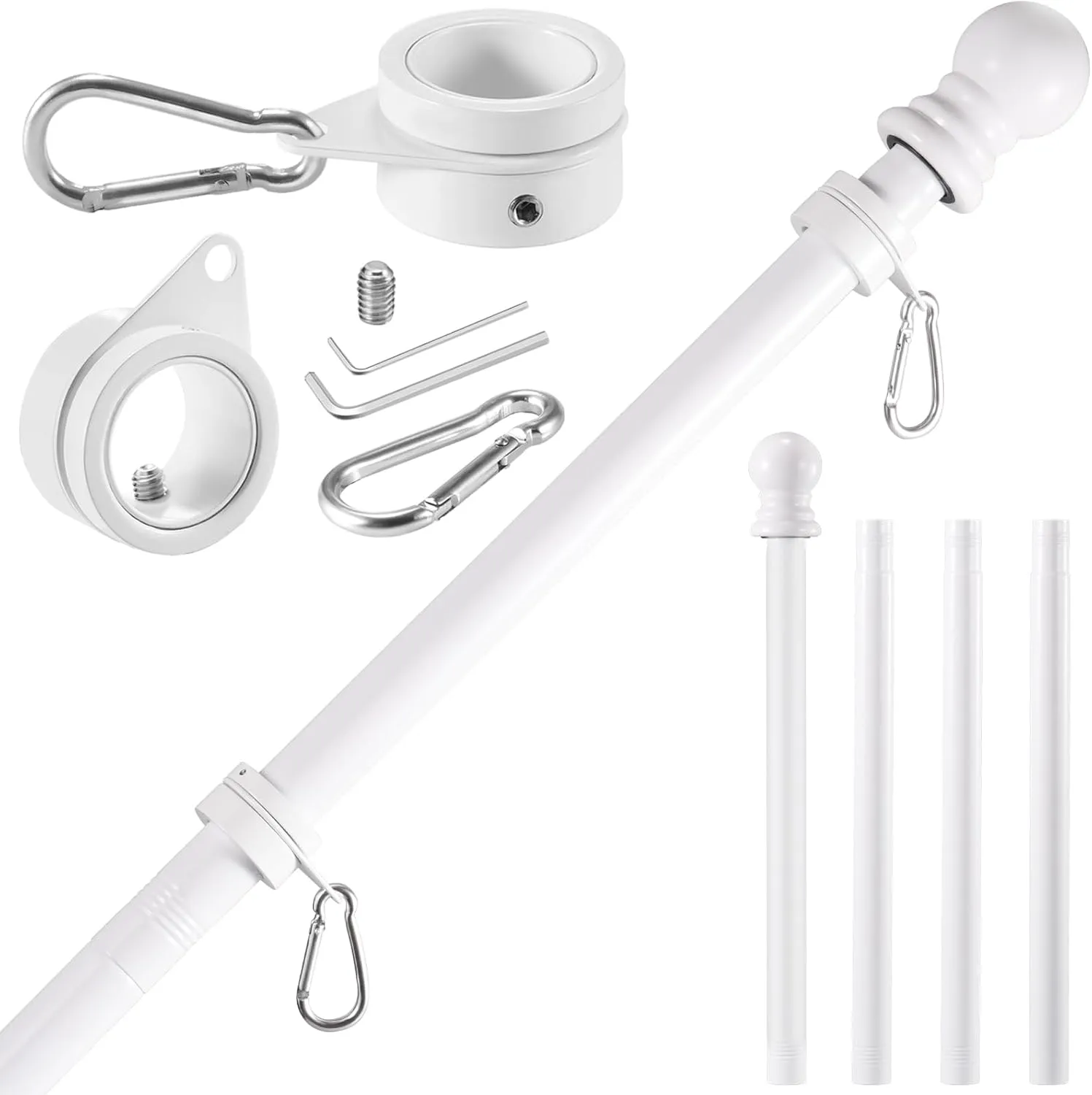 White Flag Pole Kit for House, 5 FT Thickened Stainless Steel Outside Wall Mount Flagpole for 3x5' American Flag with 1" Tangle Free 360° Rotating Flag Pole Rings Hardware for Porch Residential