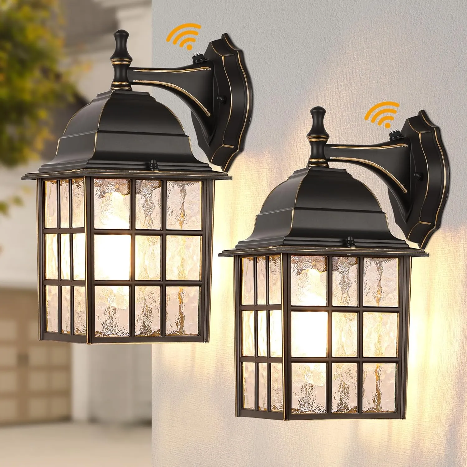 WIHTU Black Dusk to Dawn Outdoor Lights for House with Gold Rim, Sensor Exterior Lighting Fixtures Wall Mount, Waterproof Porch Lights, Wall Lantern Lamp, Outside Sconce for Front Door, Garage 2 Pack