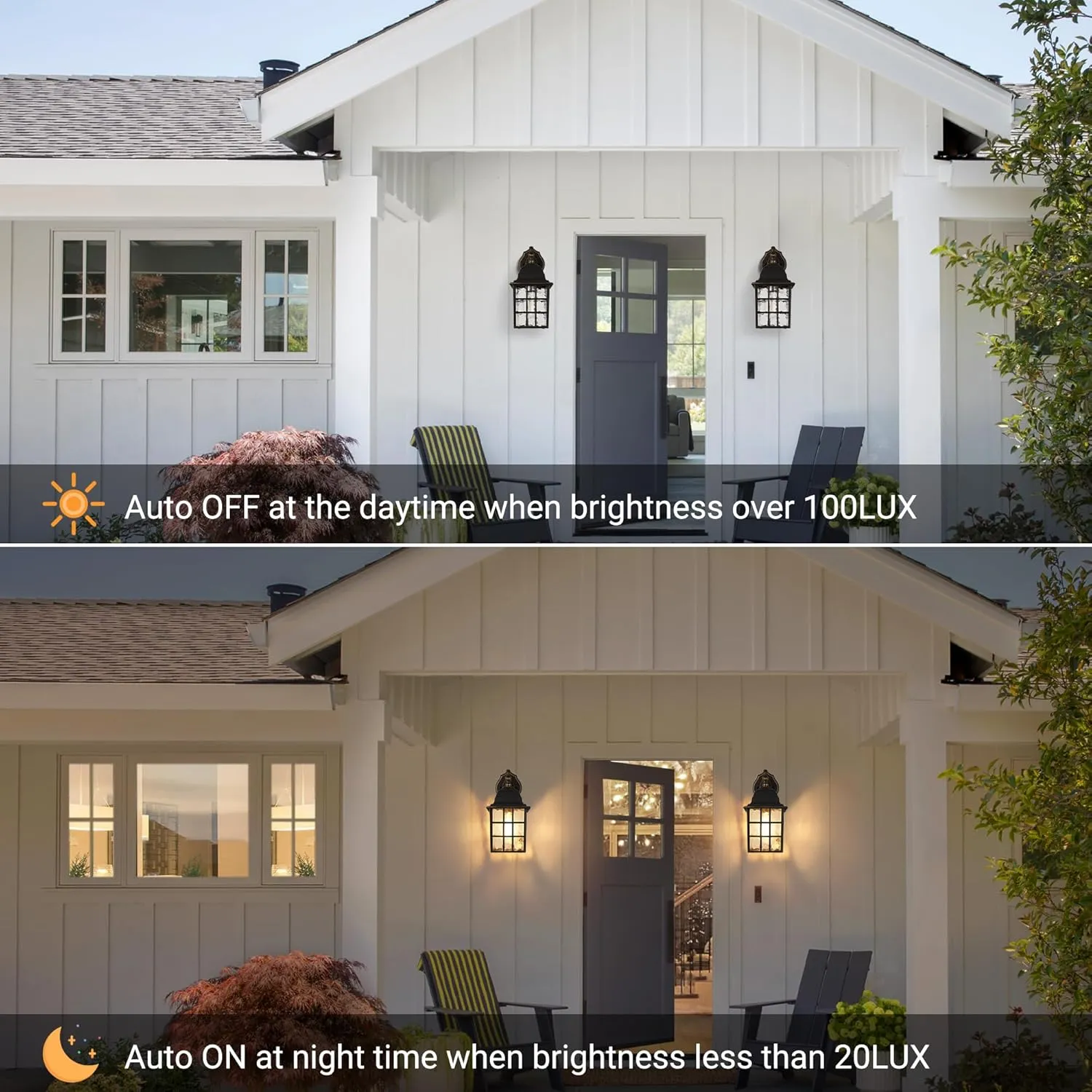 WIHTU Black Dusk to Dawn Outdoor Lights for House with Gold Rim, Sensor Exterior Lighting Fixtures Wall Mount, Waterproof Porch Lights, Wall Lantern Lamp, Outside Sconce for Front Door, Garage 2 Pack