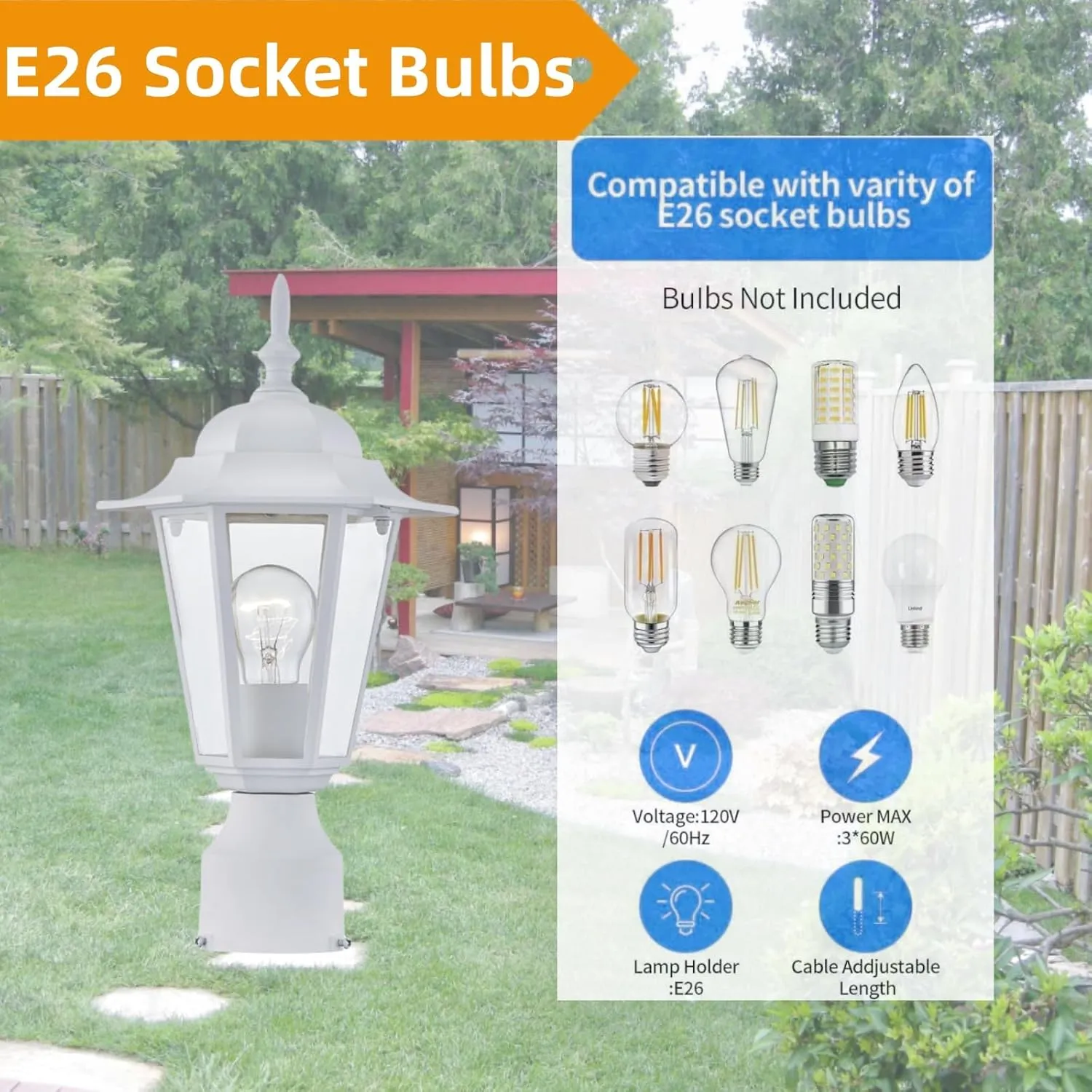 WISBEAM White Outdoor Post Light, Pole Lantern, E26 Base 60W Max, Aluminum Housing Plus Glass, Wet Location Rated, ETL Qualified, Bulbs not Included, White