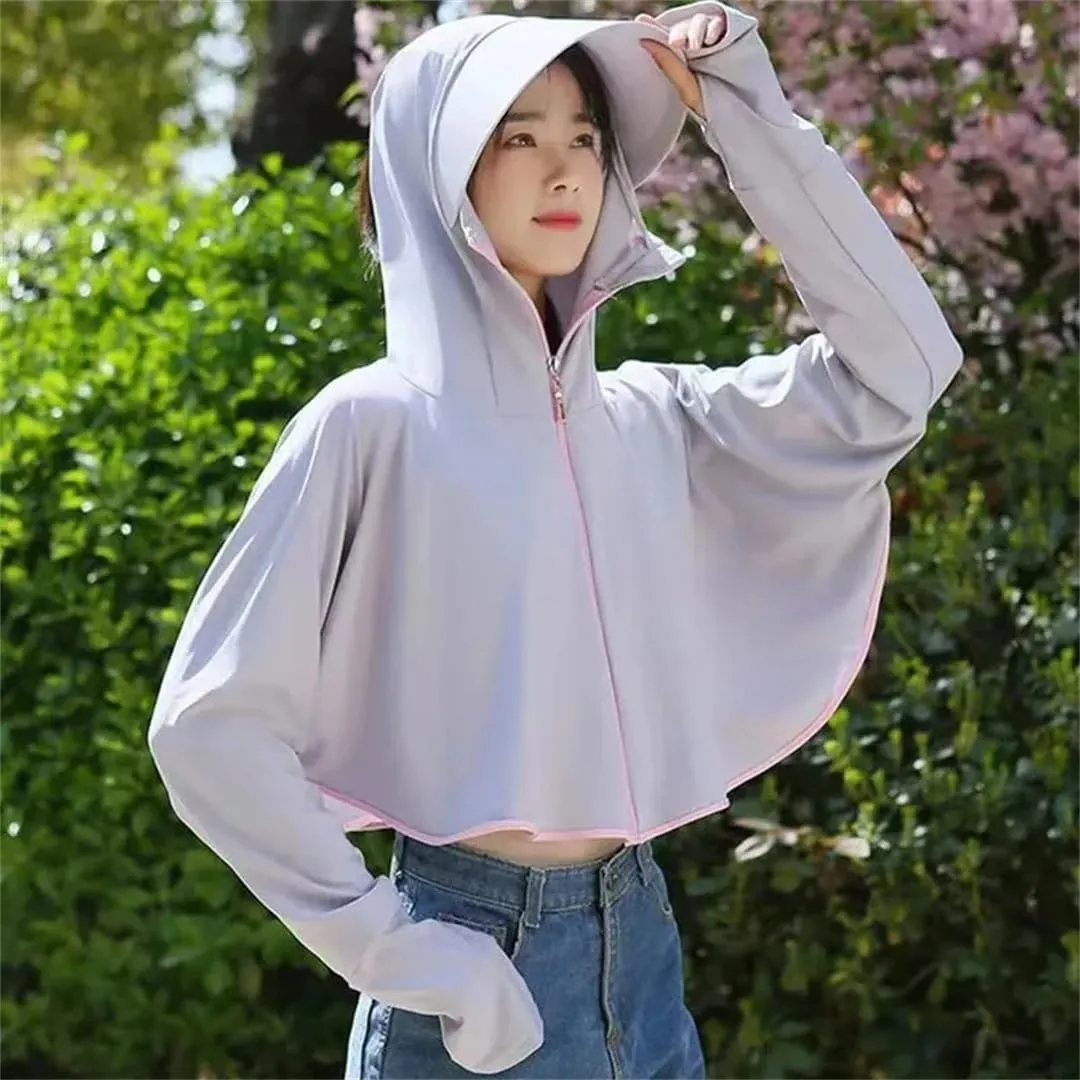 Women Sunscreen Hat Ice Silk Clothing Outdoor Cycling UV Protection Breathable Short Coat Hat Sun Sunscreen Jacket
