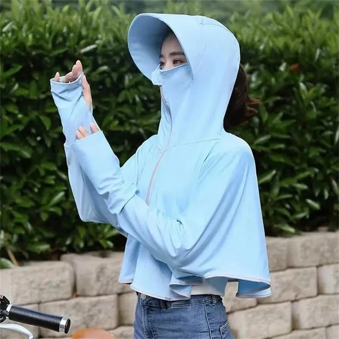 Women Sunscreen Hat Ice Silk Clothing Outdoor Cycling UV Protection Breathable Short Coat Hat Sun Sunscreen Jacket