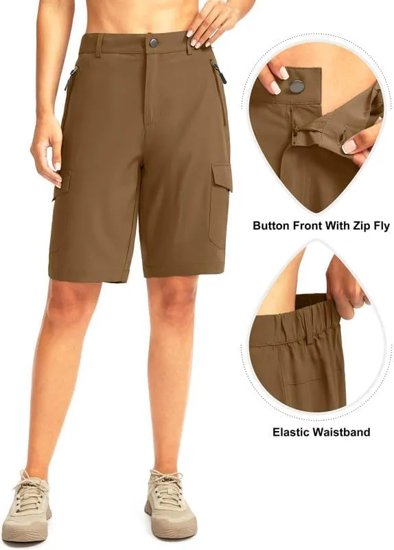Women's 10" Hiking Golf Long Shorts with 5 Pockets Knee Length Lightweight Quick Dry Cargo Bermuda Shorts for Women