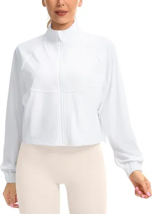 Women's Athletic Workout Jacket Lightweight UPF 50  Long Sleeve Sun Protection Shirts Zip Up Cropped Sun Jacket Hiking Tops