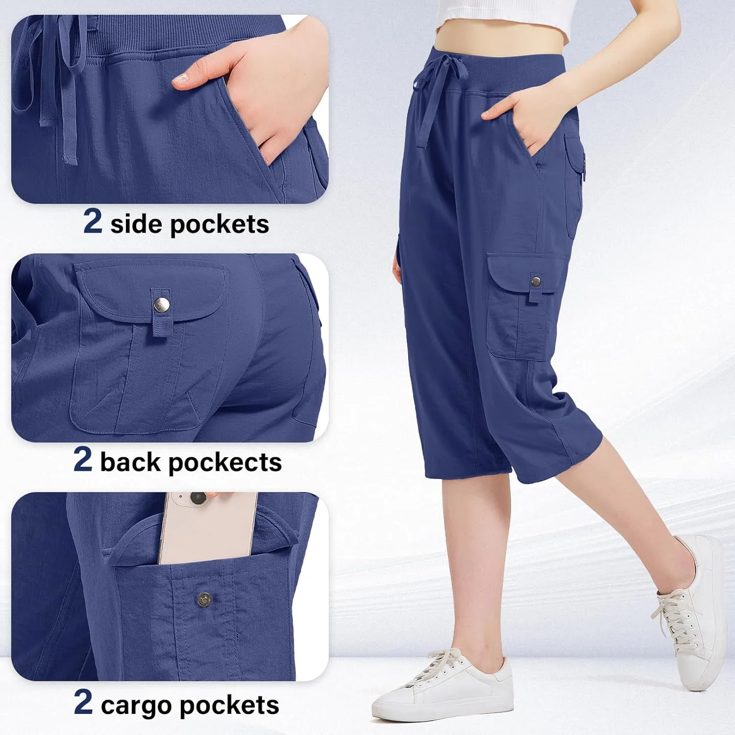 Women's Cargo Capris Hiking Pants with 6 Pockets Lightweight Quick Dry Outdoor Travel Casual Cotton Comfy Summer Pants