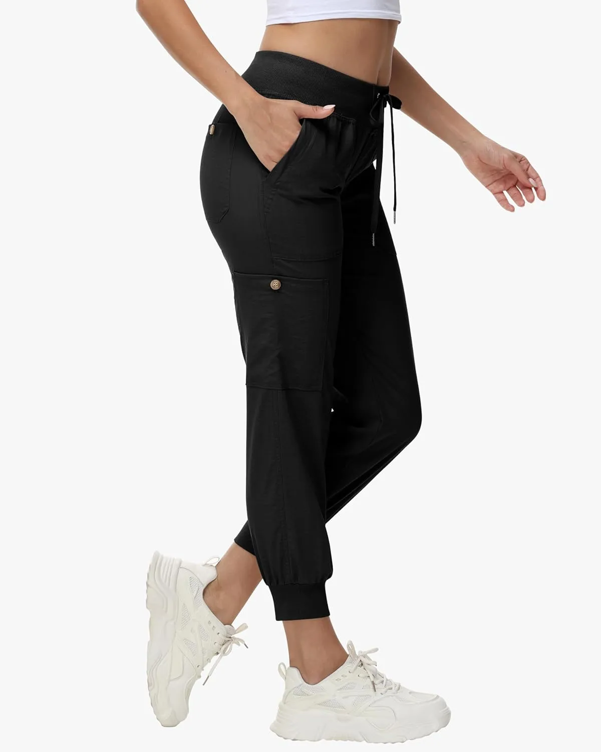 Women's Cargo Hiking Pants Quick Dry Lightweight Elastic Waist Button Pockets Joggers Athletic Sweatpants Travel Casual