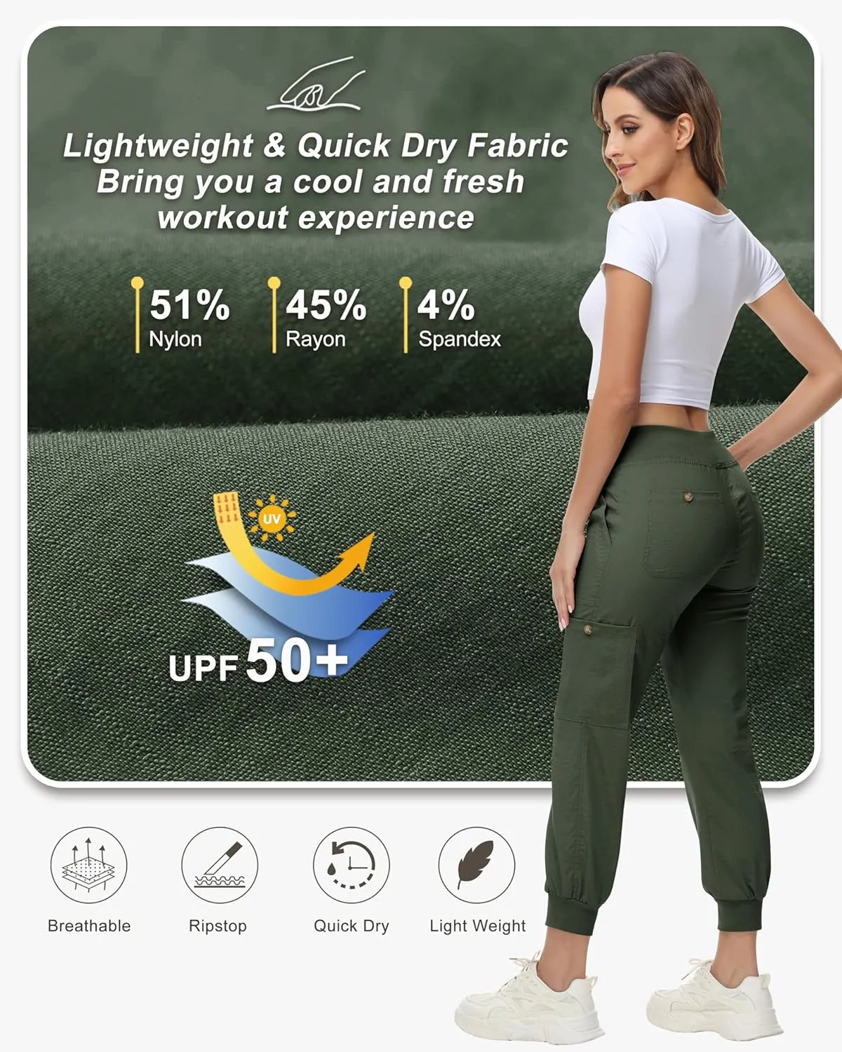 Women's Cargo Hiking Pants Quick Dry Lightweight Elastic Waist Button Pockets Joggers Athletic Sweatpants Travel Casual