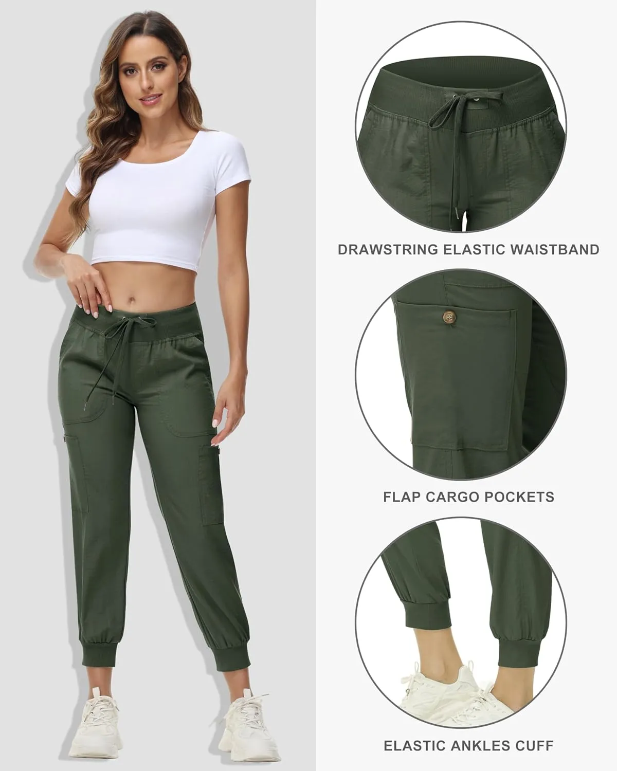 Women's Cargo Hiking Pants Quick Dry Lightweight Elastic Waist Button Pockets Joggers Athletic Sweatpants Travel Casual