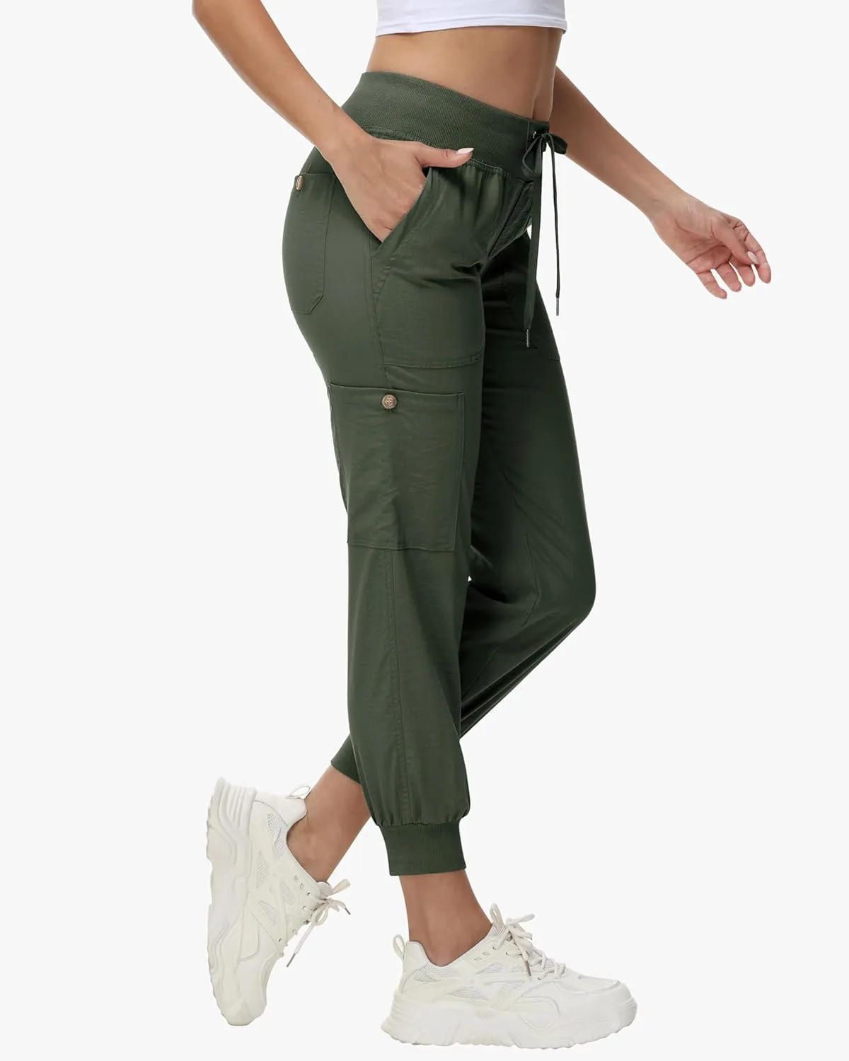 Women's Cargo Hiking Pants Quick Dry Lightweight Elastic Waist Button Pockets Joggers Athletic Sweatpants Travel Casual