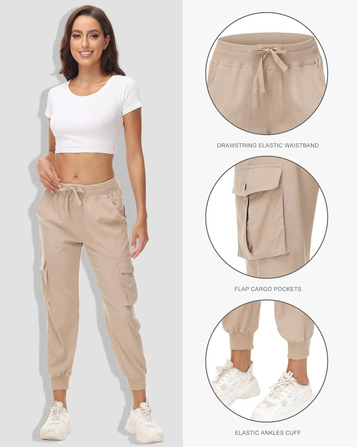 Women's Cargo Hiking Pants Quick Dry Lightweight Elastic Waist Button Pockets Joggers Athletic Sweatpants Travel Casual