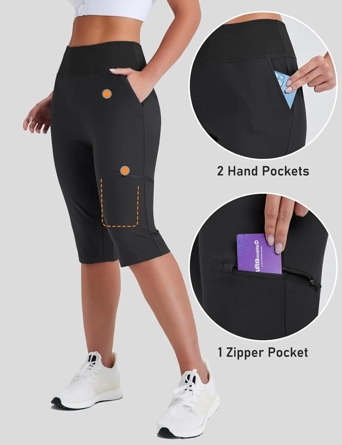 Women's Golf Capri Pants with Zipper Pockets Below The Knee Shorts Lightweight Long Hiking Shorts Knee Length