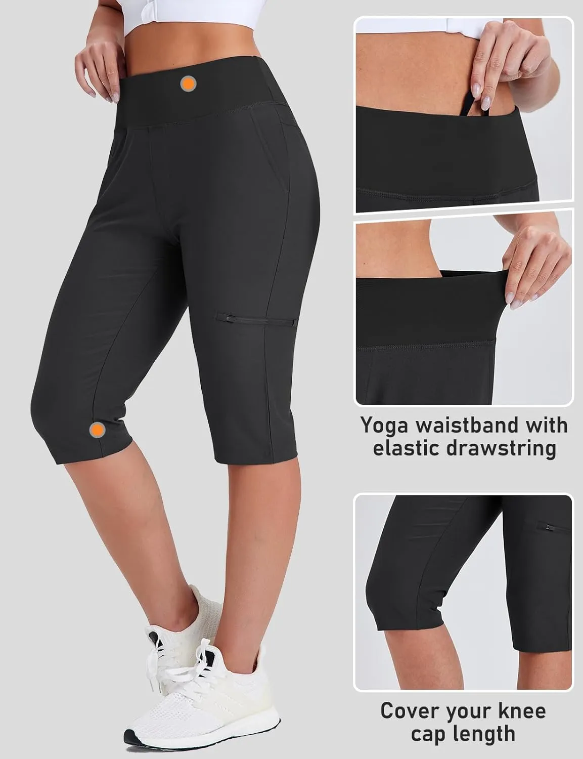 Women's Golf Capri Pants with Zipper Pockets Below The Knee Shorts Lightweight Long Hiking Shorts Knee Length