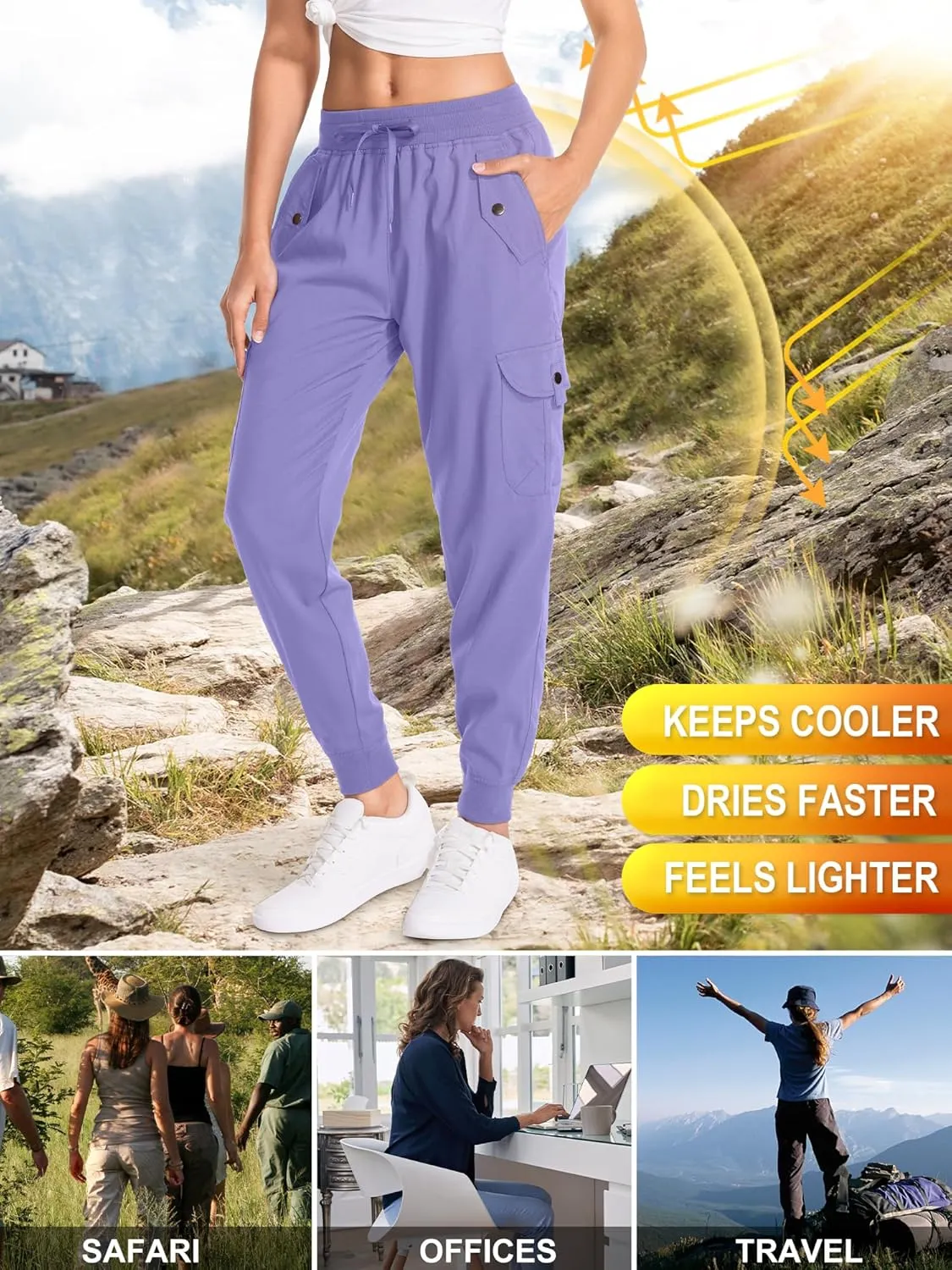 Women's Hiking Cargo Pants Quick Dry Lightweight Elastic Waist Outdoor Trail Safari Golf Casual