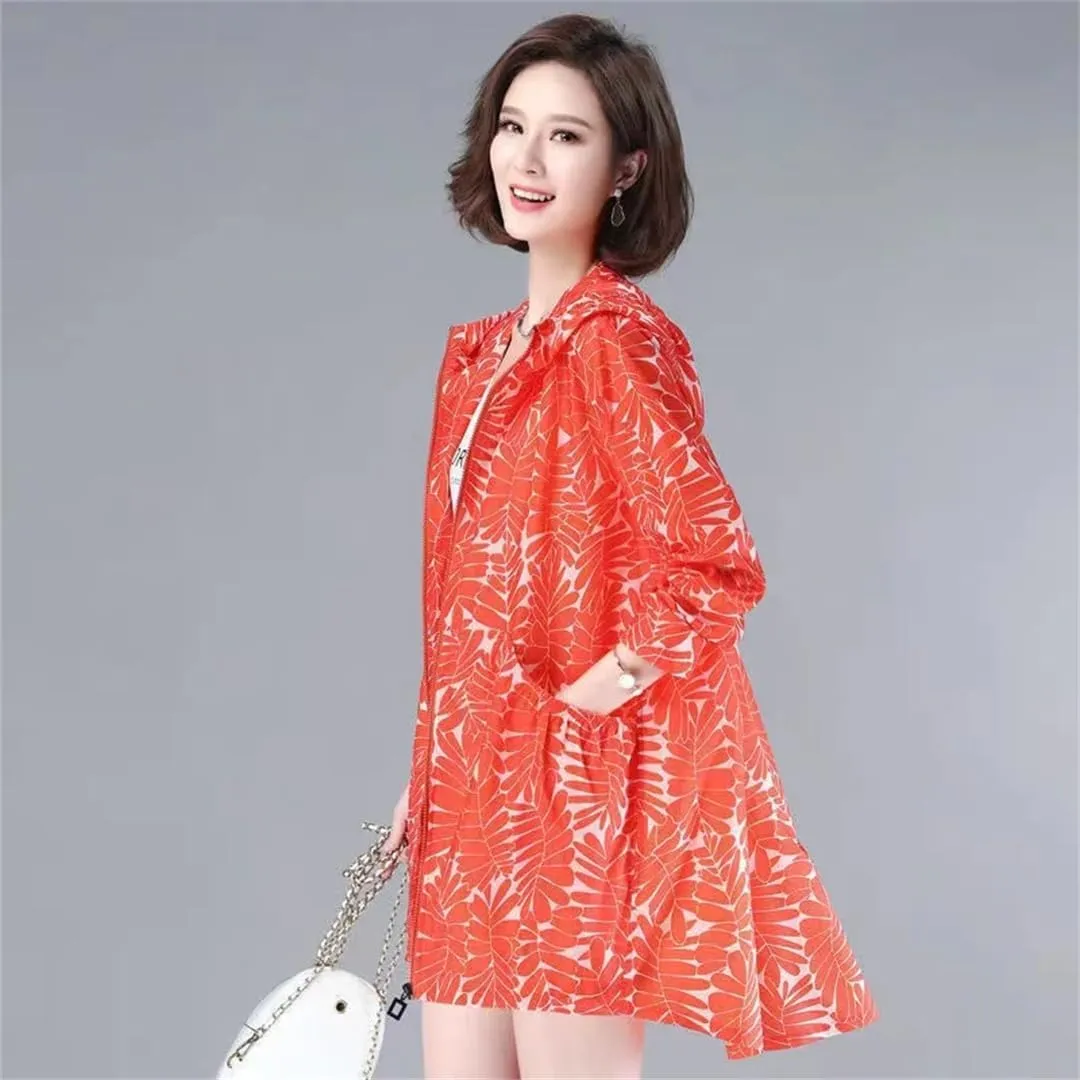 Womens Hooded Sun Protection Clothing Summer Female Clothes Korean Breathable Print Sunscreen Women Jacket UV Thin Coat