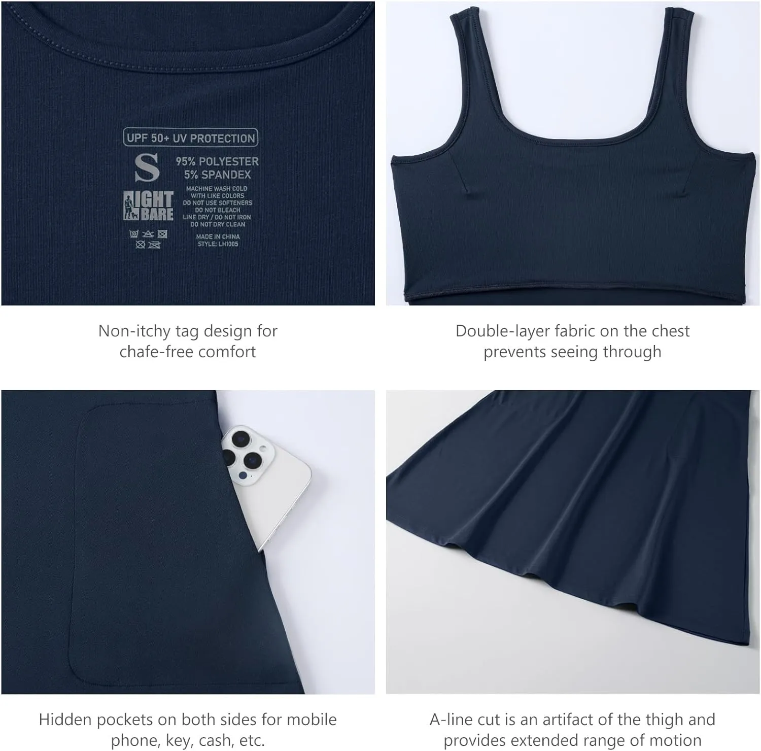 Women’s UPF 50  Tank Dress A-Line with Pockets Breathable Quick Dry Sun Protection for Hiking Camping Beach Outdoor