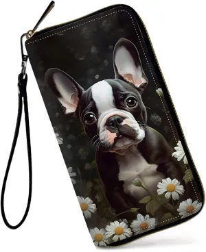 Womens Wallet, Large Capacity RFID Blocking PU Leather Wristlet Wallets for Women Ladies Men Credit Card Holder Zipper Wallet Phone Holder Clutch Travel Purse, Boston Terrier Dog