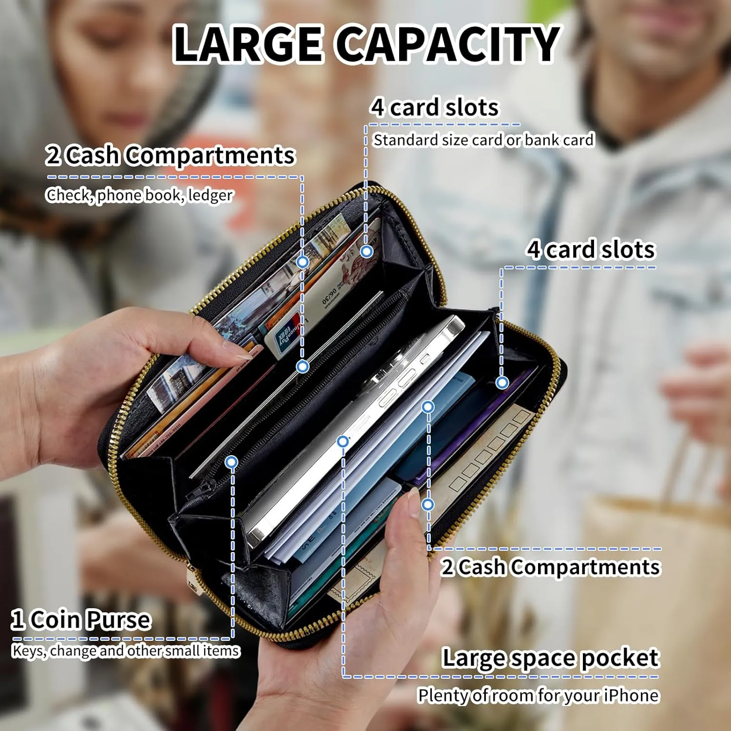 Womens Wallet, Large Capacity RFID Blocking PU Leather Wristlet Wallets for Women Ladies Men Credit Card Holder Zipper Wallet Phone Holder Clutch Travel Purse, Boston Terrier Dog