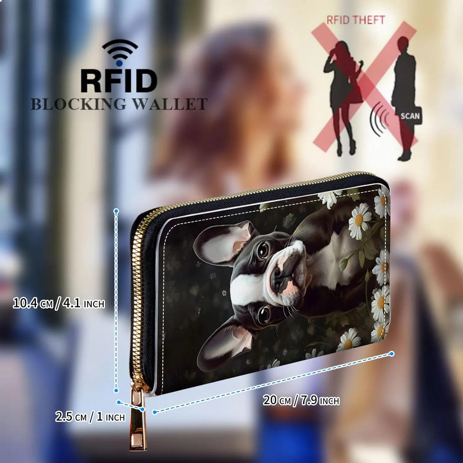 Womens Wallet, Large Capacity RFID Blocking PU Leather Wristlet Wallets for Women Ladies Men Credit Card Holder Zipper Wallet Phone Holder Clutch Travel Purse, Boston Terrier Dog