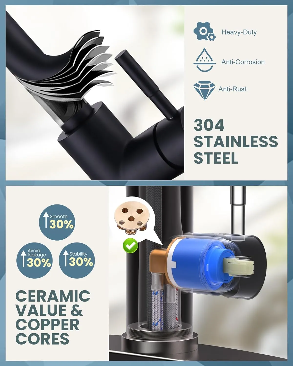 WOWOW Black Kitchen Faucet with Sprayer, Pull Down Kitchen Sink Faucet Lead-Free, Stainless Steel Single Handle Kitchen Faucets with Deck Plate, 360 Swivel High Arc Single Hole RV Kitchen Faucet