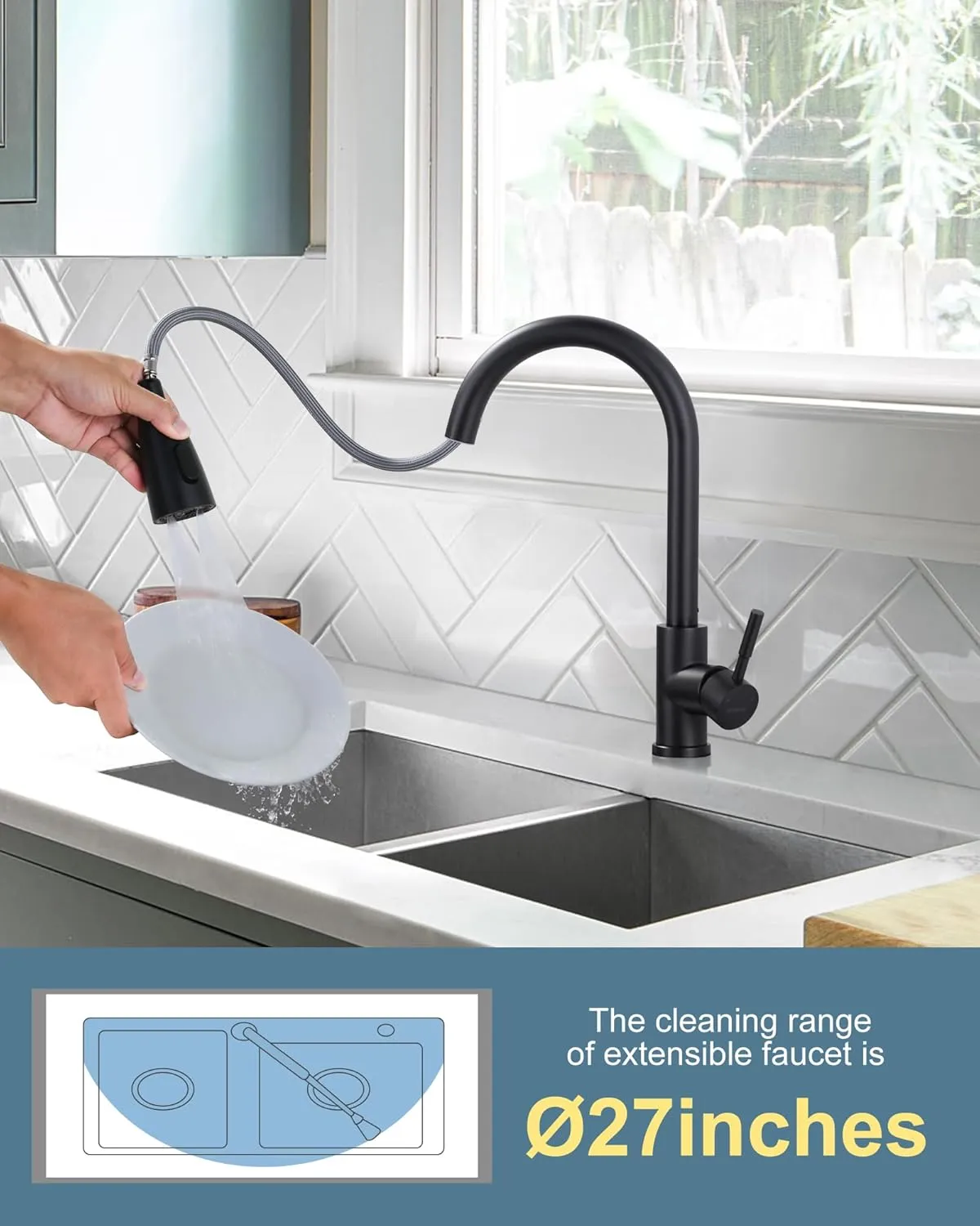 WOWOW Black Kitchen Faucet with Sprayer, Pull Down Kitchen Sink Faucet Lead-Free, Stainless Steel Single Handle Kitchen Faucets with Deck Plate, 360 Swivel High Arc Single Hole RV Kitchen Faucet