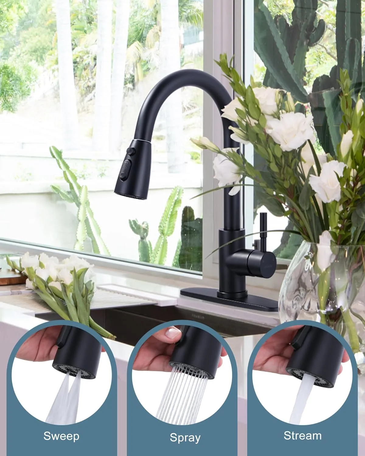 WOWOW Black Kitchen Faucet with Sprayer, Pull Down Kitchen Sink Faucet Lead-Free, Stainless Steel Single Handle Kitchen Faucets with Deck Plate, 360 Swivel High Arc Single Hole RV Kitchen Faucet
