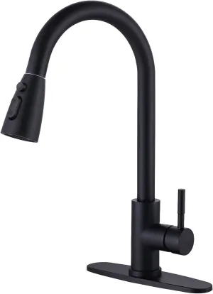 WOWOW Black Kitchen Faucet with Sprayer, Pull Down Kitchen Sink Faucet Lead-Free, Stainless Steel Single Handle Kitchen Faucets with Deck Plate, 360 Swivel High Arc Single Hole RV Kitchen Faucet