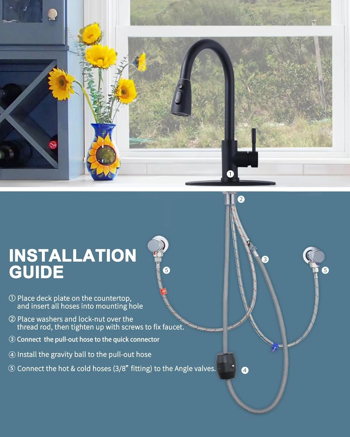 WOWOW Black Kitchen Faucet with Sprayer, Pull Down Kitchen Sink Faucet Lead-Free, Stainless Steel Single Handle Kitchen Faucets with Deck Plate, 360 Swivel High Arc Single Hole RV Kitchen Faucet