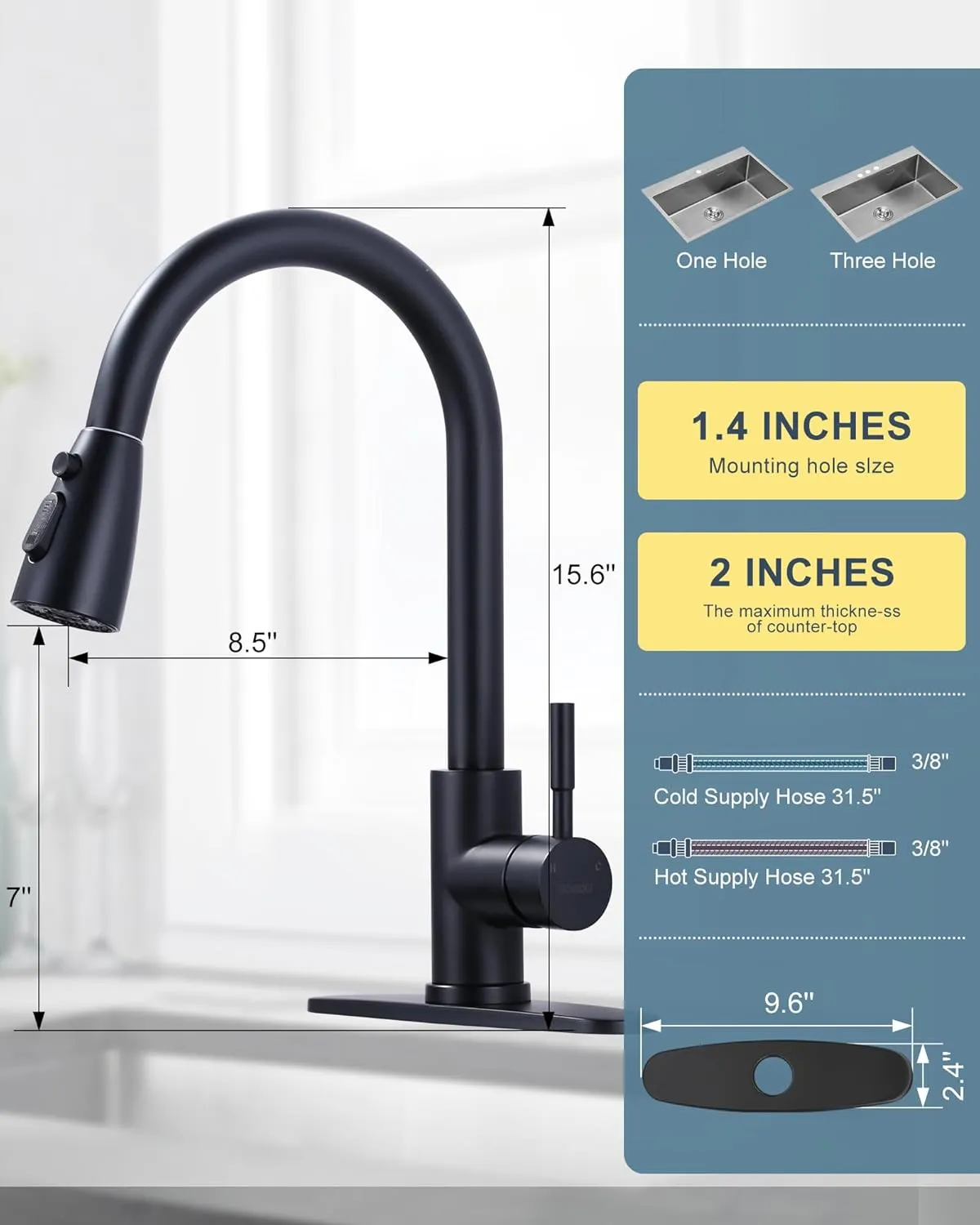 WOWOW Black Kitchen Faucet with Sprayer, Pull Down Kitchen Sink Faucet Lead-Free, Stainless Steel Single Handle Kitchen Faucets with Deck Plate, 360 Swivel High Arc Single Hole RV Kitchen Faucet
