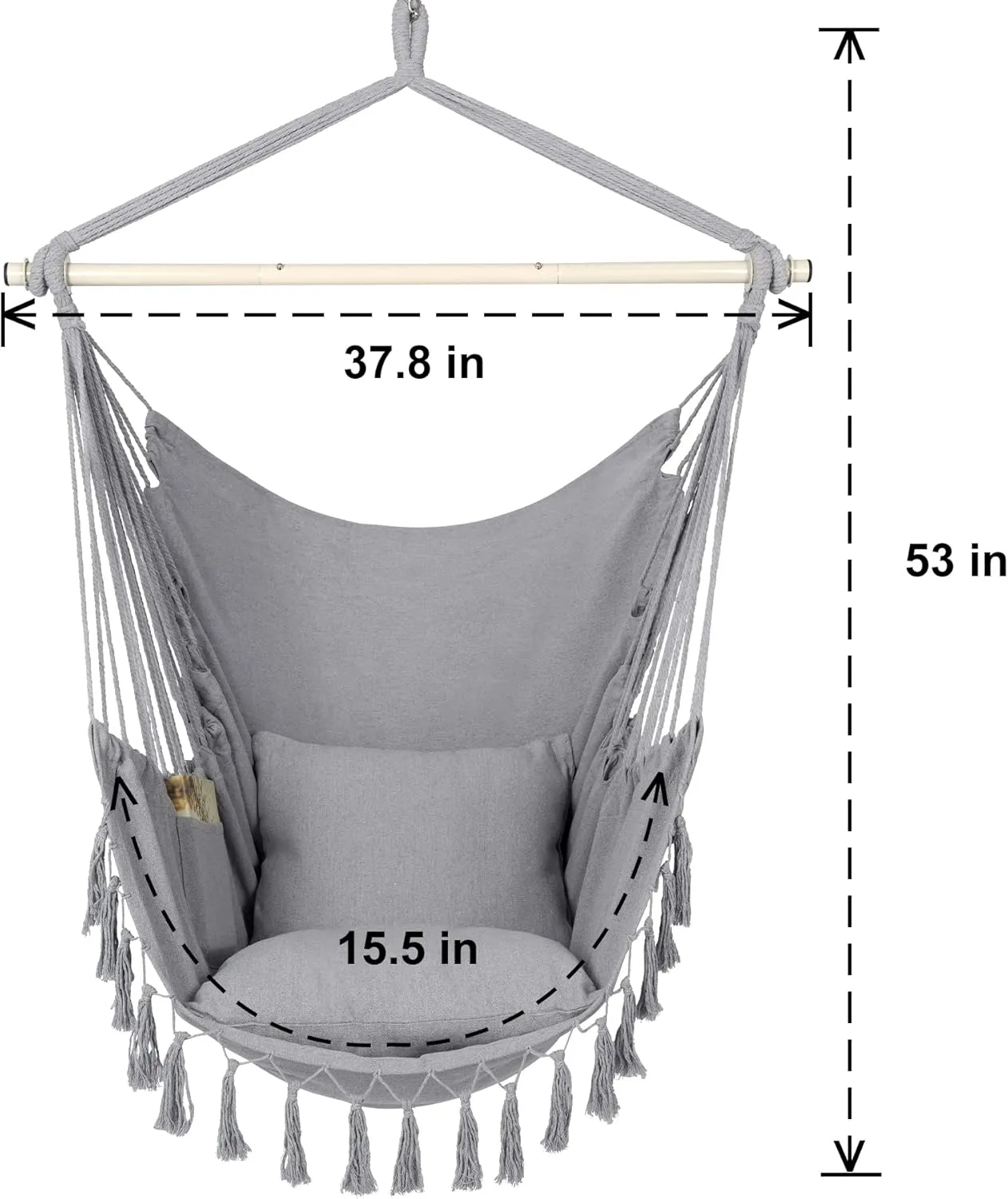 Y- STOP Hammock Chair Hanging Rope Swing, Max 500 Lbs, 2 Cushions Included, Large Macrame Hanging Chair with Pocket for Superior Comfort, with Hardware Kit (Light Grey)