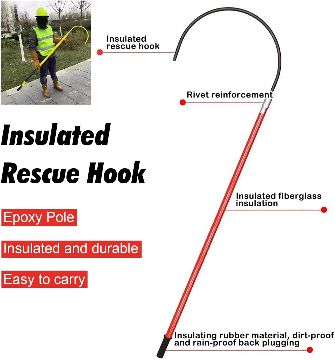 Yellow Green Red Insulated Rescue Hook, 10kV 35kV 110kV 220kV High Voltage Electrical Insulated Rescue Hook with Grab Hook, Anti Electric Shock Emergency Rescue Pole, Lightweight(2 pack red,4.9ft/1.5m