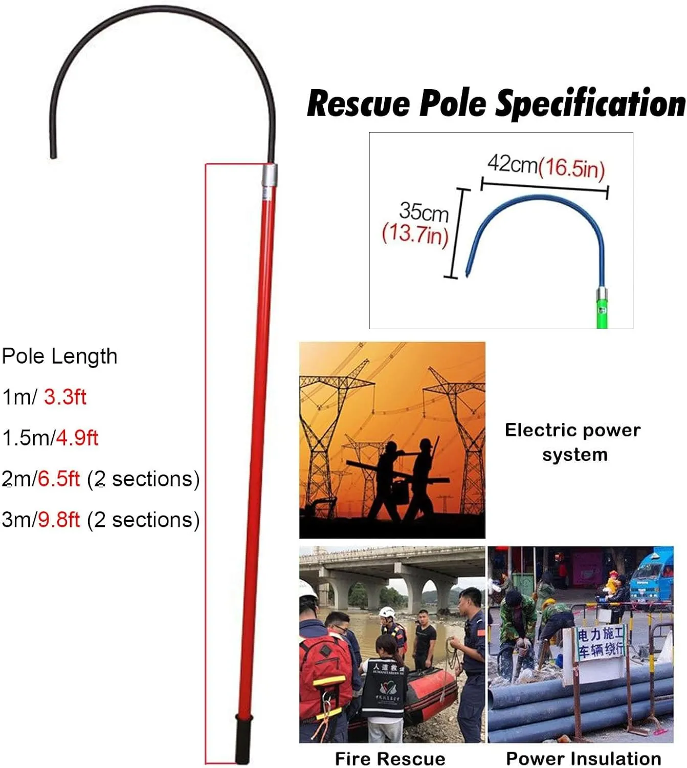 Yellow Green Red Insulated Rescue Hook, 10kV 35kV 110kV 220kV High Voltage Electrical Insulated Rescue Hook with Grab Hook, Anti Electric Shock Emergency Rescue Pole, Lightweight(2 pack red,4.9ft/1.5m