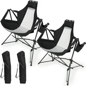 ZeHuoGe Hammock Camping Chair Set of 2, Folding Portable Rocking Chair, Adjustable Back Swinging Chair with Pillow Cup Holder, Recliner with Carry Bag for Outdoor Travel Lawn Backyard (Black)