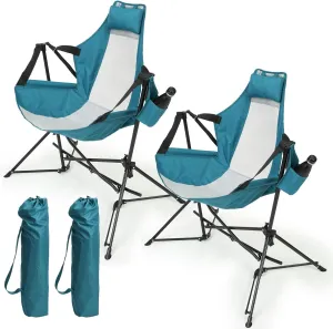 ZeHuoGe Hammock Camping Chair Set of 2, Folding Portable Rocking Chair, Adjustable Back Swinging Chair with Pillow Cup Holder, Recliner with Carry Bag for Outdoor Travel Lawn Backyard (Blue)