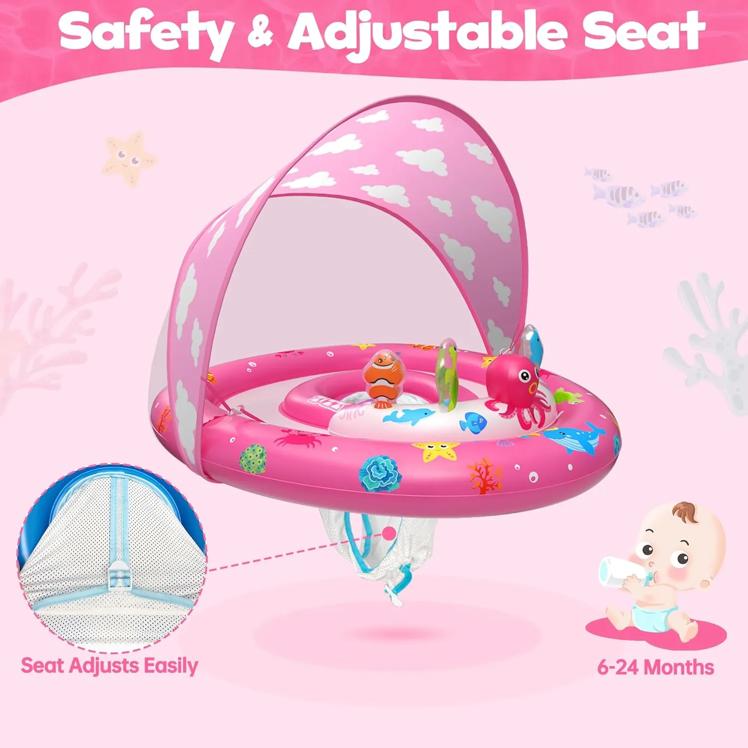 ZIZZ Baby Pool Float with Canopy - 2025 New Inflatable Baby Swim Float with UPF50 Sun Protection, Baby Infant Pool Float with Toy Play Console Adjustable Seat for Toddler Kids Aged 6-36 Months