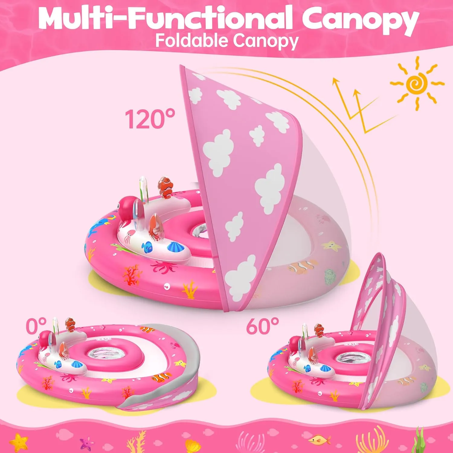 ZIZZ Baby Pool Float with Canopy - 2025 New Inflatable Baby Swim Float with UPF50 Sun Protection, Baby Infant Pool Float with Toy Play Console Adjustable Seat for Toddler Kids Aged 6-36 Months